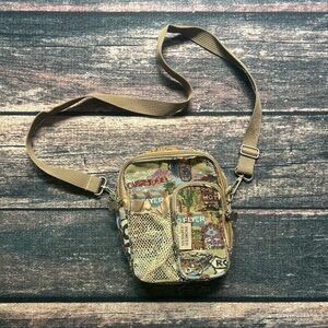 Route 66 Pioneer Womens Brown Inn Motel All Over Travel Print Mini Shoulder Bag